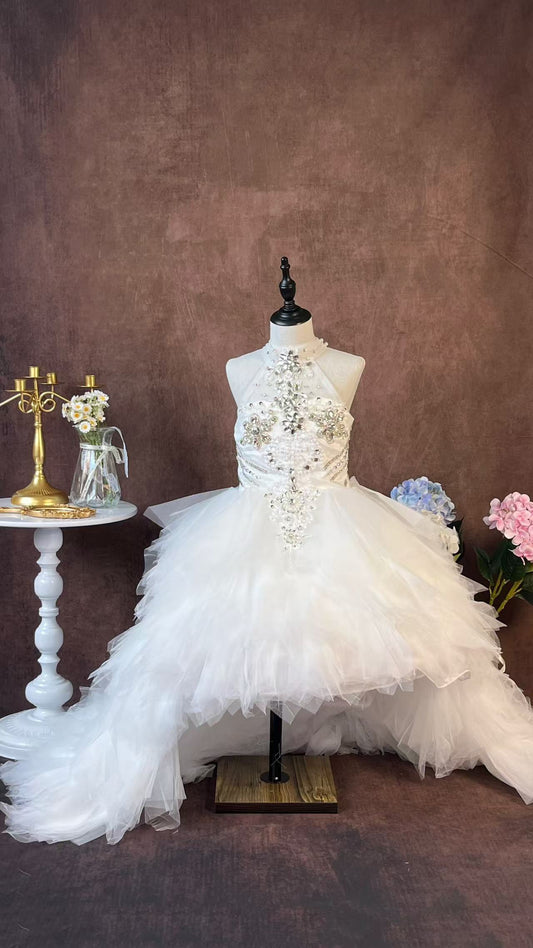 High Low Tulle Birthday Party Dress Flower Girl Dress for Wedding Children's Beaded White Princess Dress