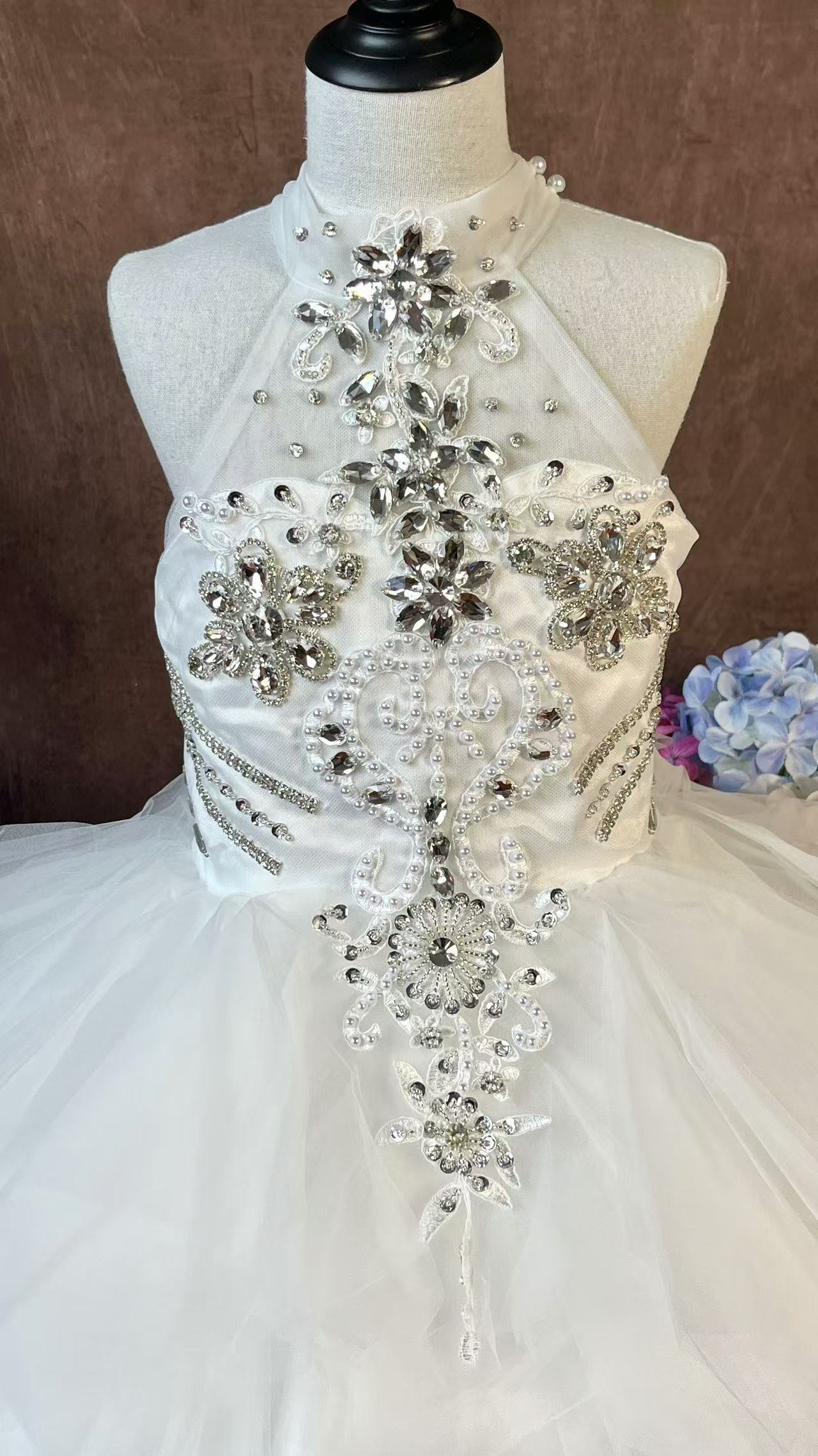 High Low Tulle Birthday Party Dress Flower Girl Dress for Wedding Children's Beaded White Princess Dress