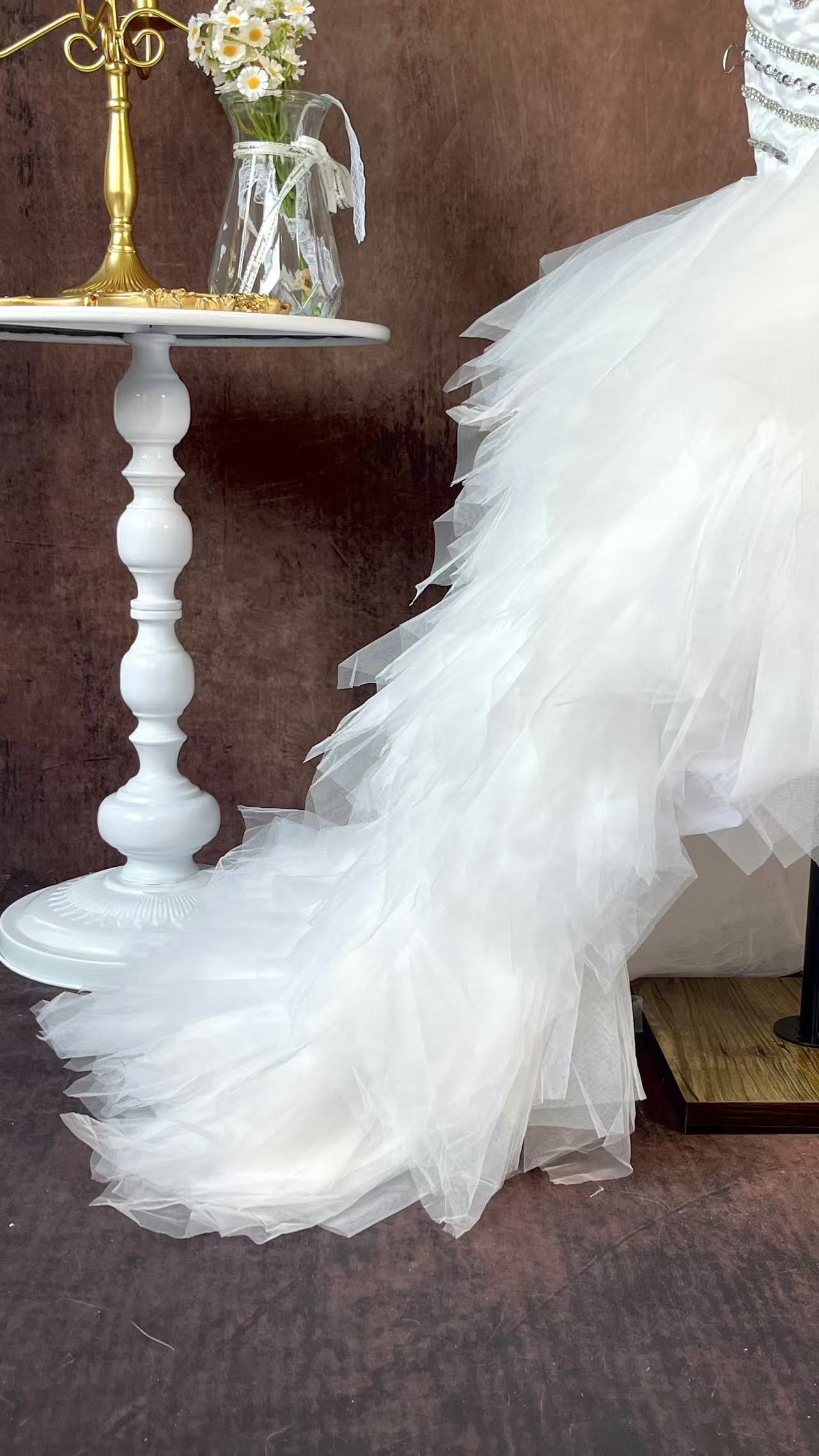 High Low Tulle Birthday Party Dress Flower Girl Dress for Wedding Children's Beaded White Princess Dress