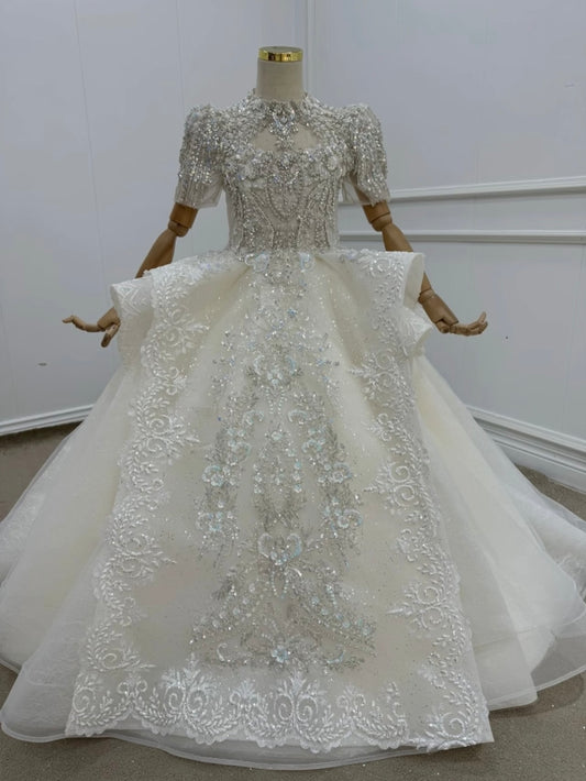 Children Luxury Gown Princess Girl Dress with Train Ball Gown Luxe Beaded Wedding Dress