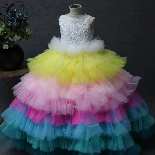 Colorful Sleeveless Children's Dress Multi-Layered Net Design and Pearls Weddings Birthday Party Dress