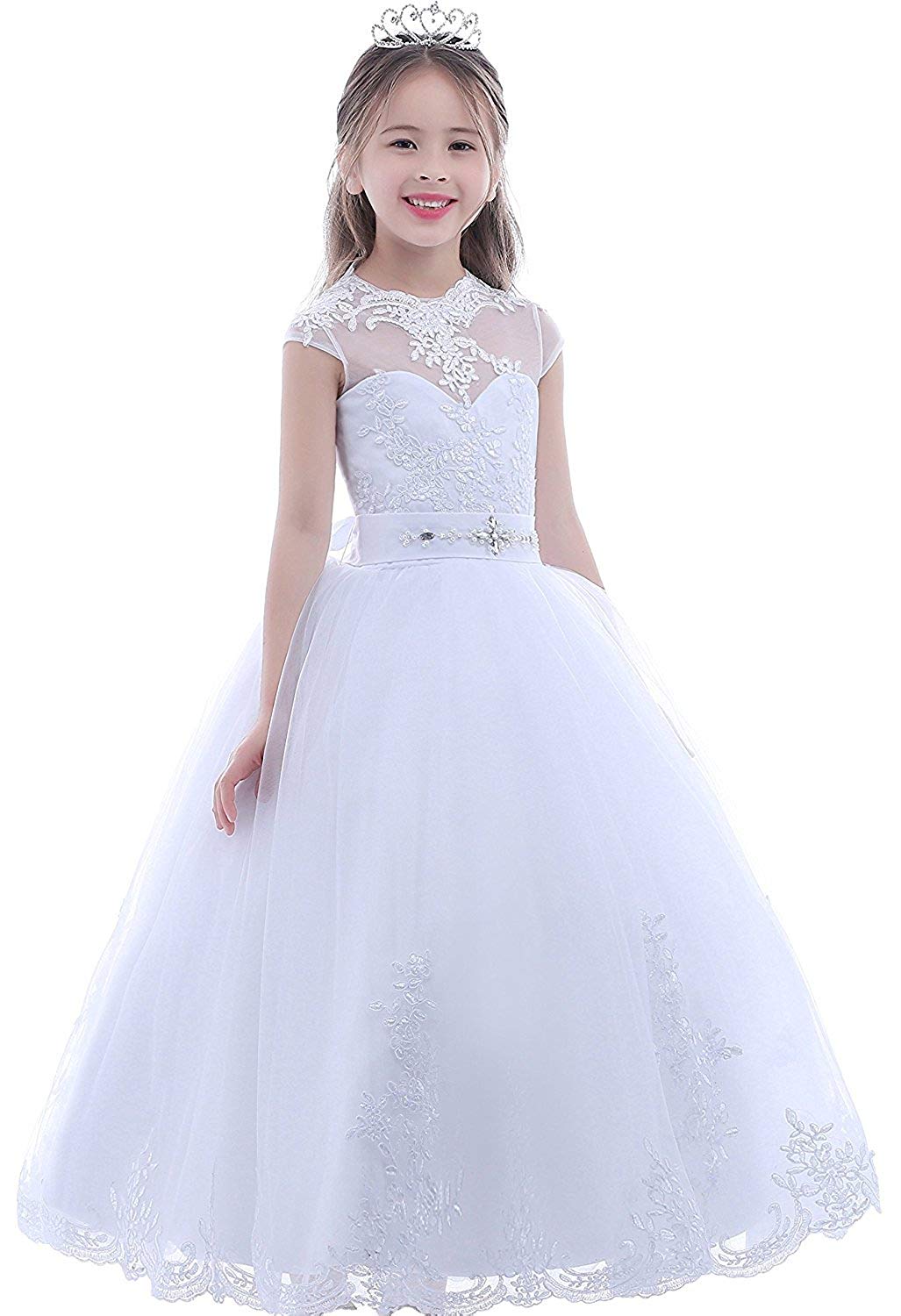 Tulle First Communion Dress Flower Girl Dress for Wedding Lace Up A line Puffy Appliques Girl Prom Dress