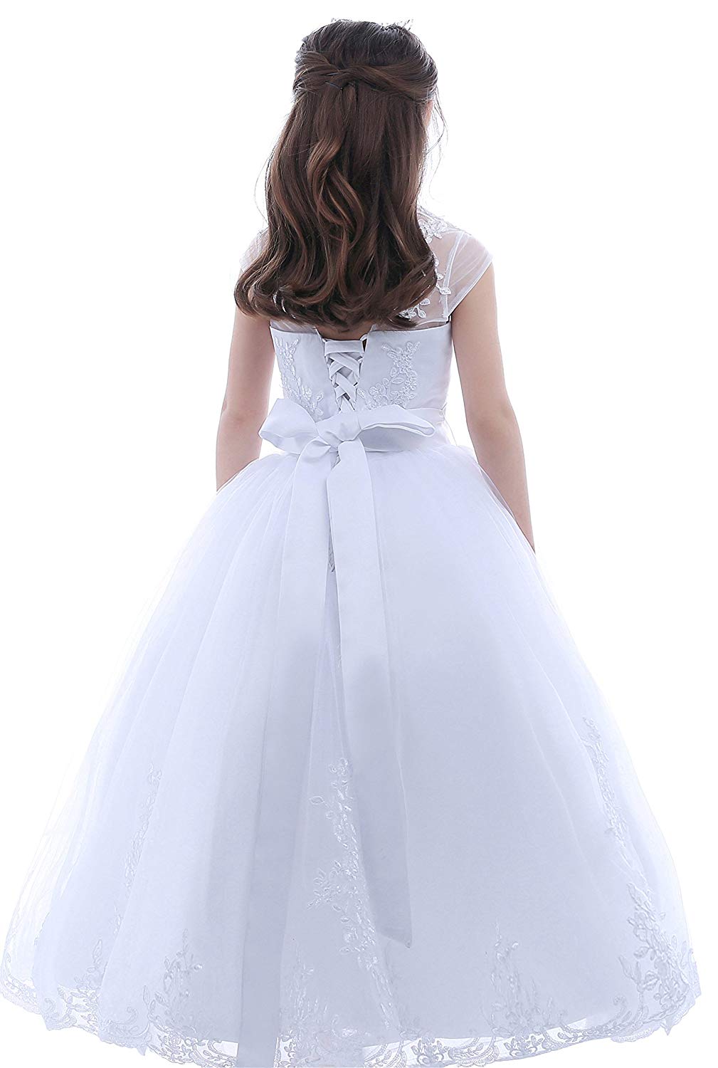 Tulle First Communion Dress Flower Girl Dress for Wedding Lace Up A line Puffy Appliques Girl Prom Dress