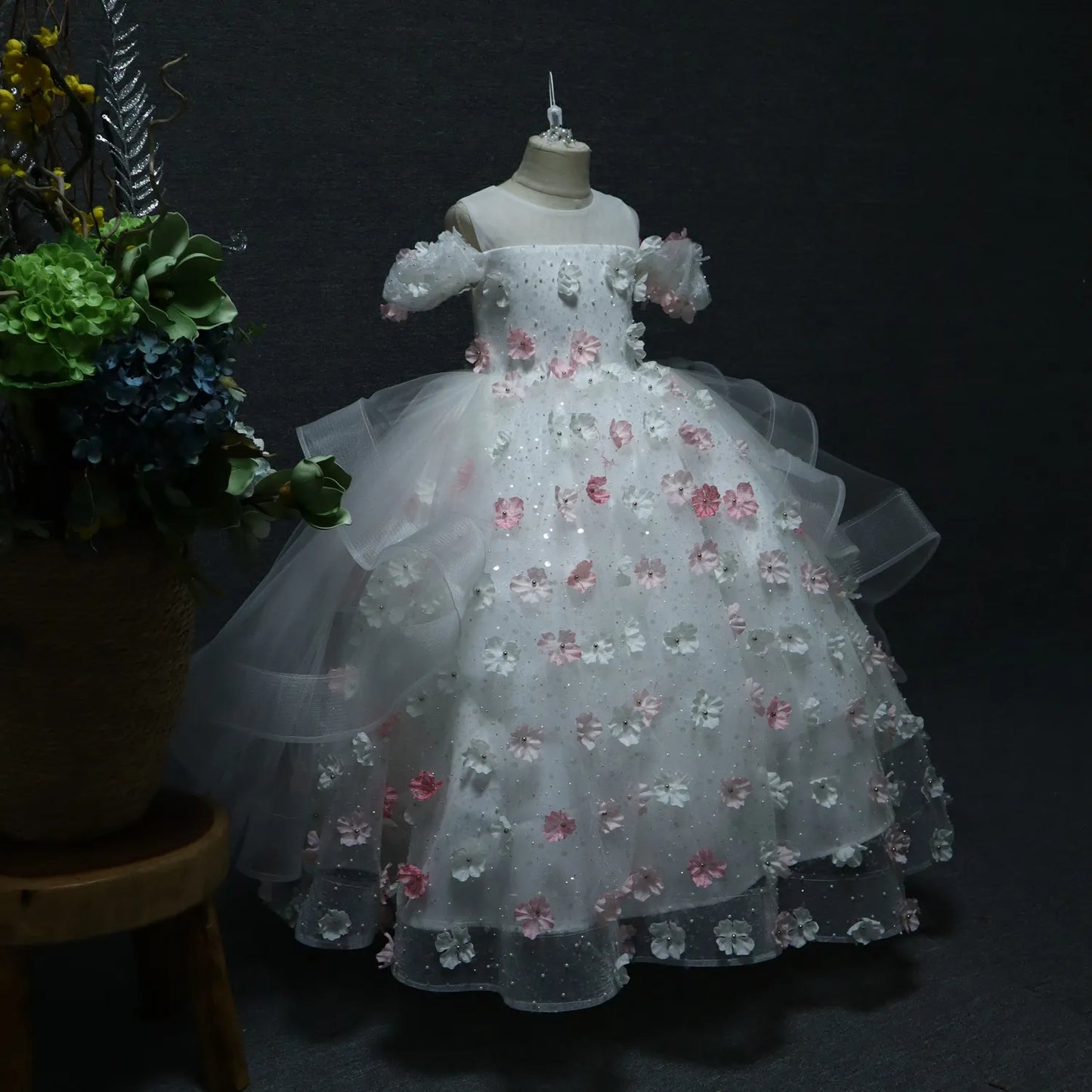 White Organza Long Floral Gril Princess Dress full flower Series Birthday Party  Flower Girl Dress for Wedding