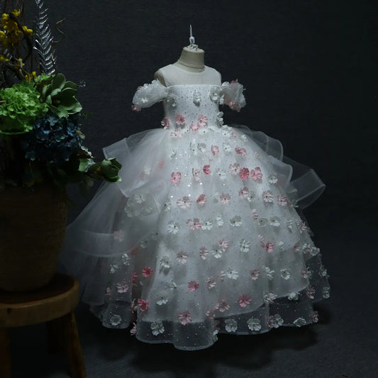 White Organza Long Floral Gril Princess Dress full flower Series Birthday Party  Flower Girl Dress for Wedding