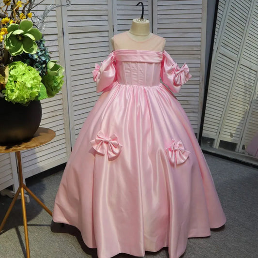 Pink Satin Bow Long Flower Girl Dress for Wedding First Communion Dress Birthday Party Dress