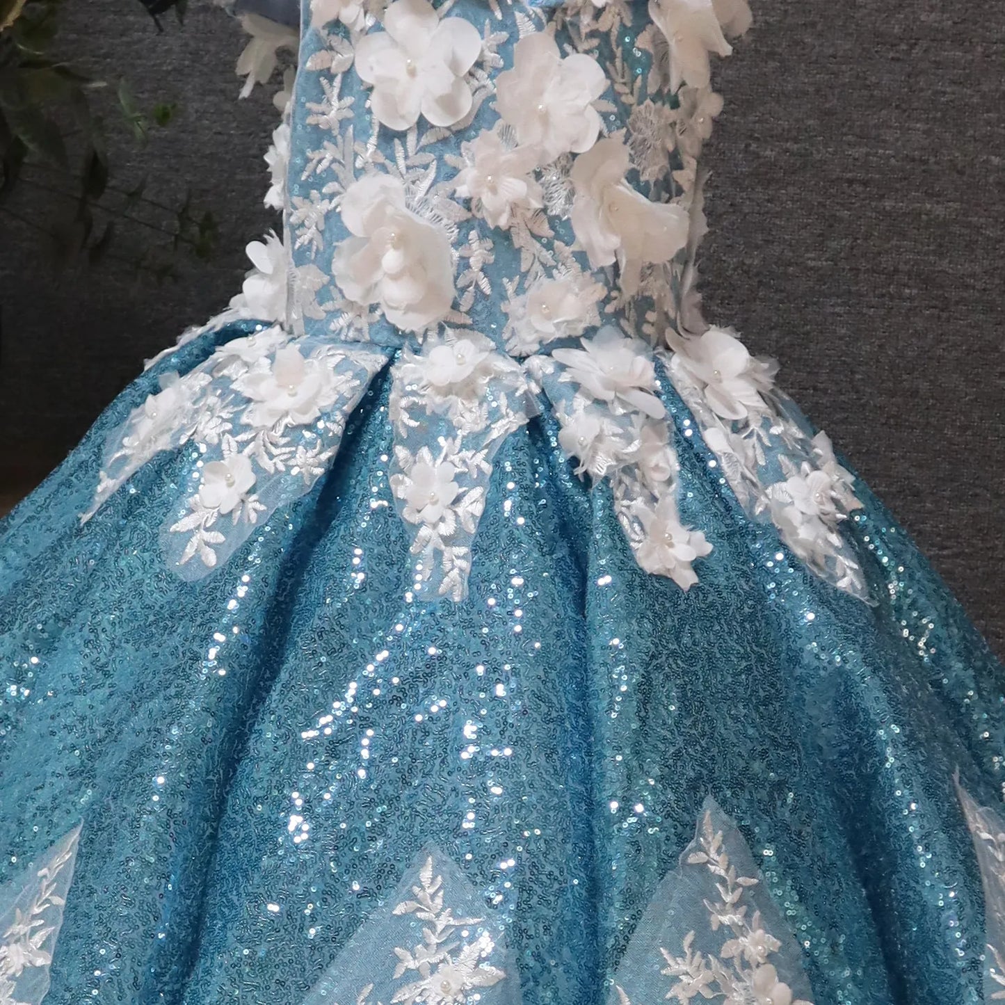 Blue Long One-Line Halter Flower Girl Dress for Wedding Back Lace Design Birthday Party Princess Dress