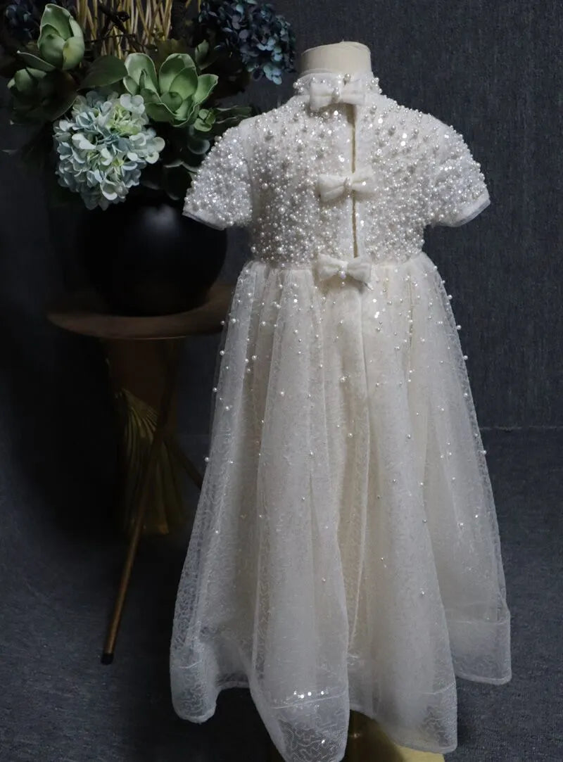 Simple Beige First Communion Dress Elegant Pearls Flower Girl Dress for Wedding