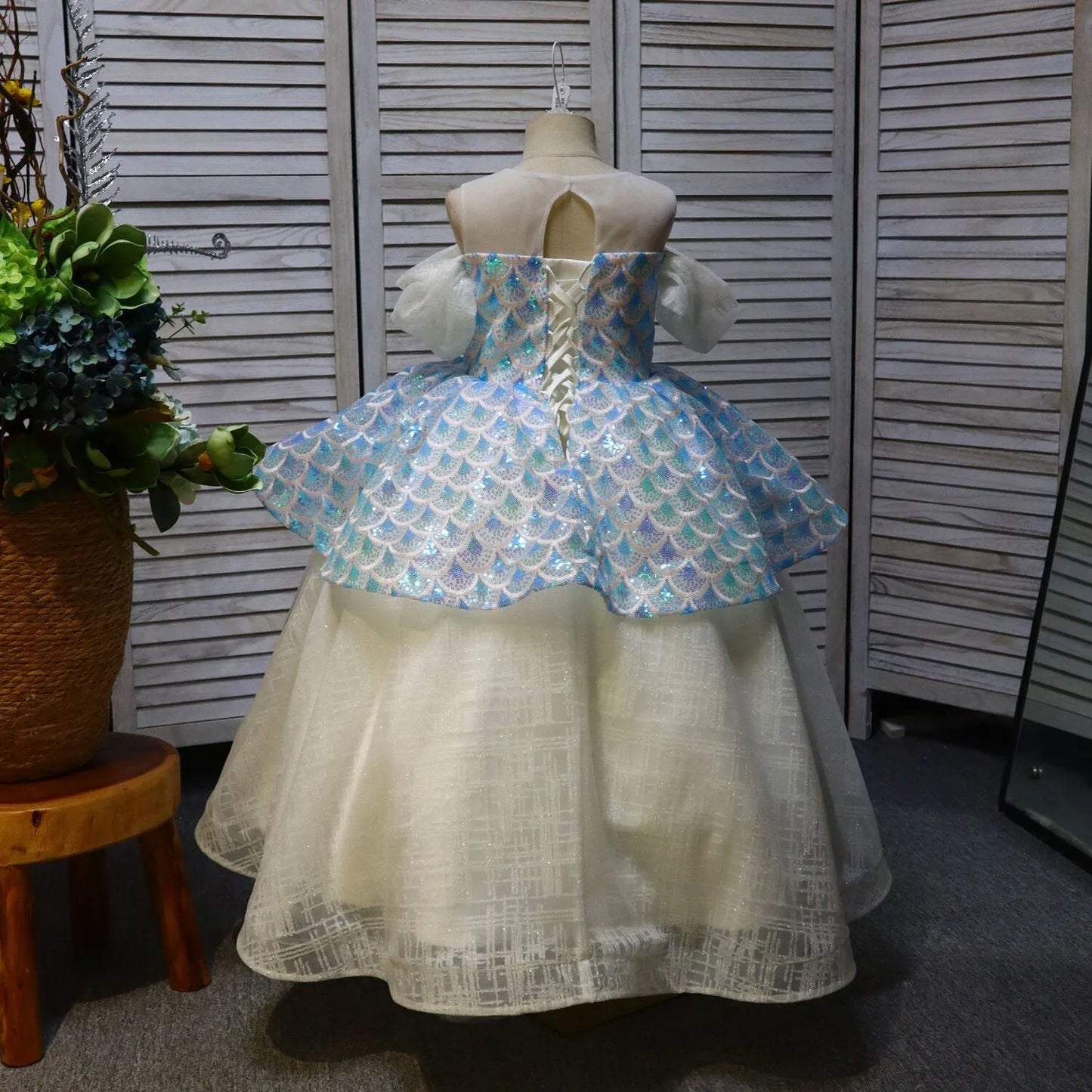 Blue Carp Pattern Round Neck Long Flower Girl Dress Birthday Party Dress Beauty Pageant Dress Performance Dress