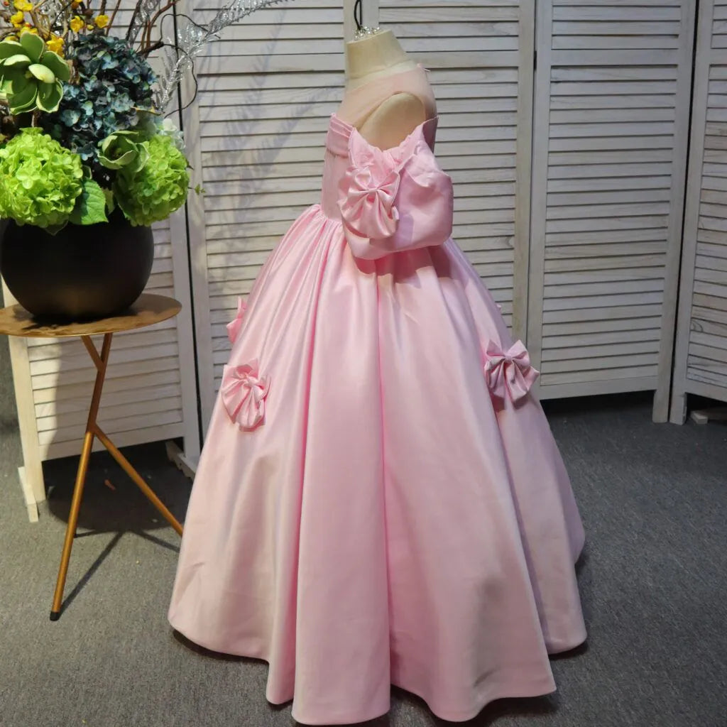 Pink Satin Bow Long Flower Girl Dress for Wedding First Communion Dress Birthday Party Dress