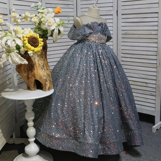 Grey-Blue One-Shoulder Long Flower Girl Dress with Sequins Birthday Party Dress Formal Occasions Princess Dress