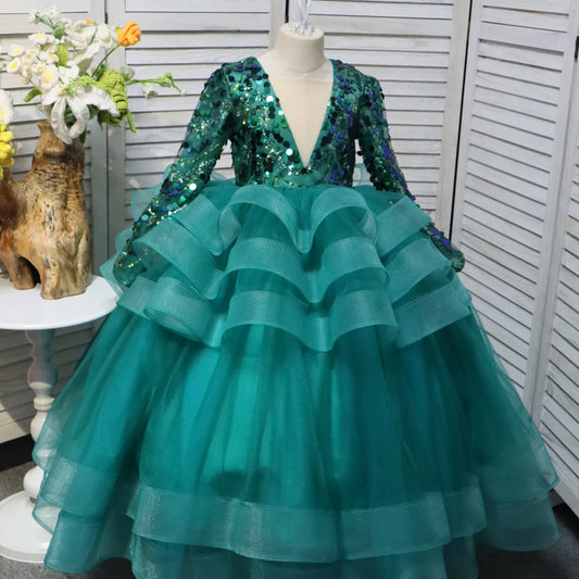 Dark Green V-neck Flower Girl Dress Long Sleeve Layers Ball Gown Princess Birthday Dress Sequin Christmas Party Dress