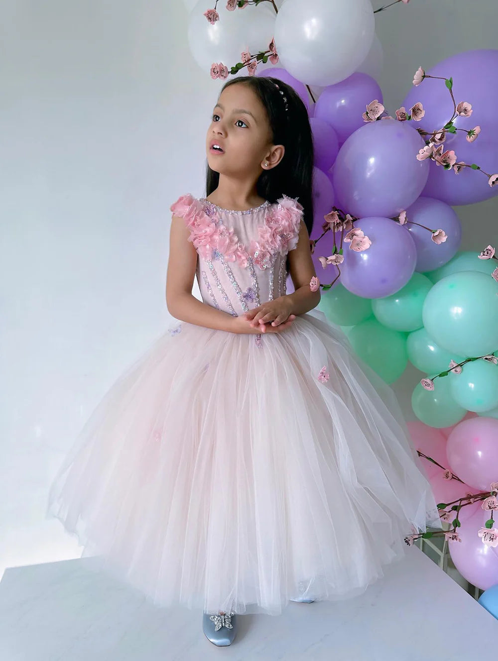Pink Tulle Flower Girl Dress For Wedding Crystals Beads Birthday Party Dress