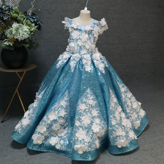Blue Long One-Line Halter Flower Girl Dress for Wedding Back Lace Design Birthday Party Princess Dress