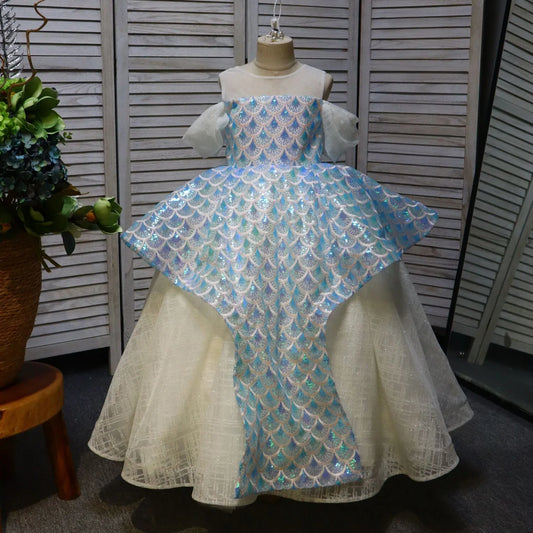 Blue Carp Pattern Round Neck Long Flower Girl Dress Birthday Party Dress Beauty Pageant Dress Performance Dress