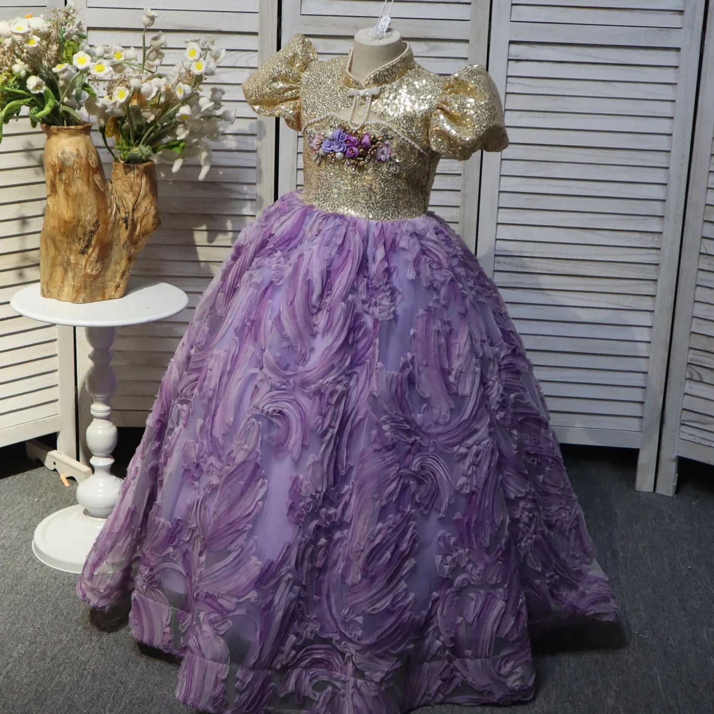 Yellow and Purple Chinese Collar Long Floral Dress for Flowery Children Flower and Pearl Design, suitable for weddings