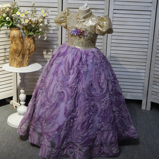Yellow and Purple Chinese Collar Long Floral Dress for Flowery Children Flower and Pearl Design, suitable for weddings