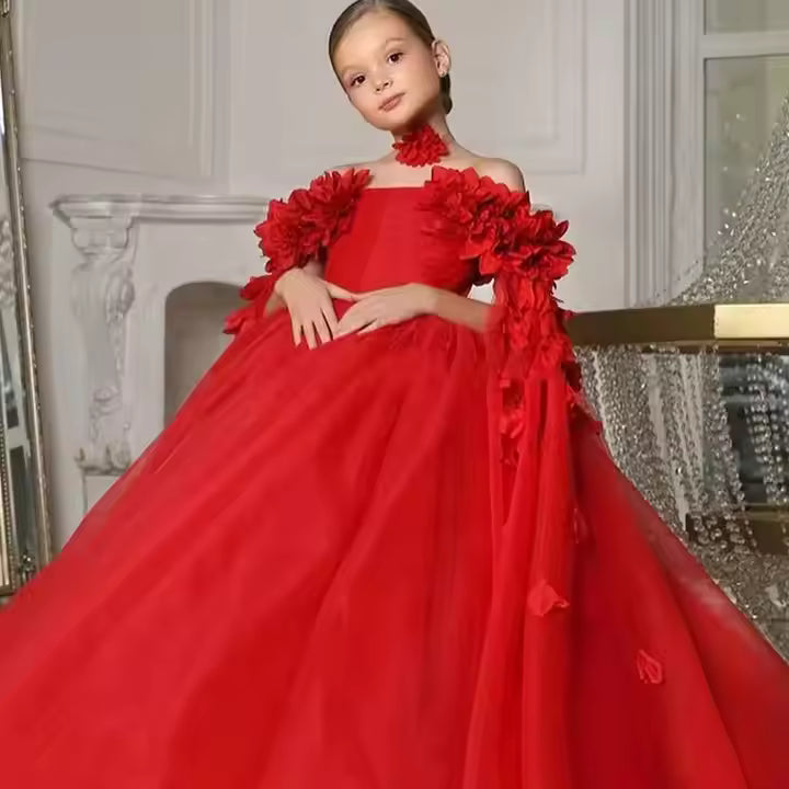 Tulle Flower Girls Dress Off The Shoulder Pageant Dresses Long Princess Birthday Formal Party Ball Gowns A Line