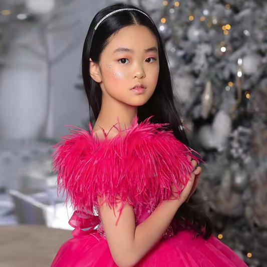 Dark Pink Ball Gown Flower Girl Dress Scoop Beading Sequin Feather Puff Party Gowns for Kids Birthday First Communion Dresses