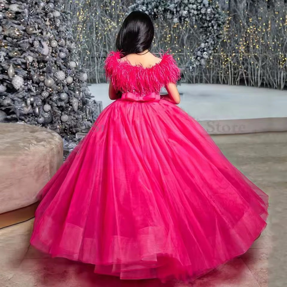 Dark Pink Ball Gown Flower Girl Dress Scoop Beading Sequin Feather Puff Party Gowns for Kids Birthday First Communion Dresses