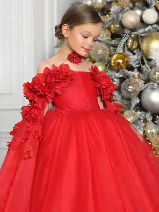 Tulle Flower Girls Dress Off The Shoulder Pageant Dresses Long Princess Birthday Formal Party Ball Gowns A Line