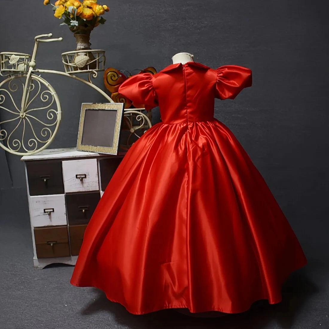 Satin Girl Red Long Doll Collar Dress Christmas Party Dress  Hosted the Stage Show Cute Princess Dress