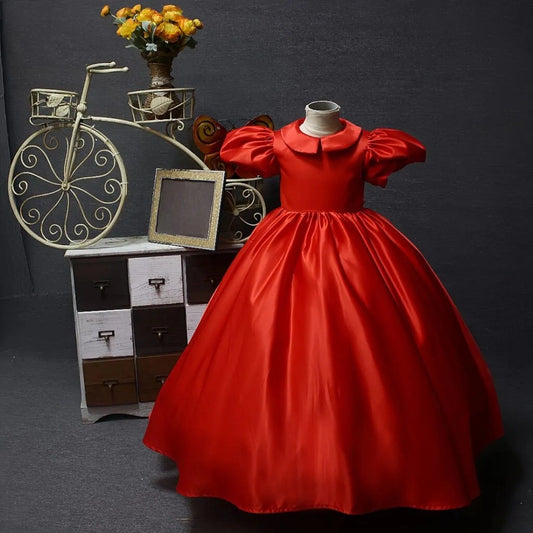 Satin Girl Red Long Doll Collar Dress Christmas Party Dress  Hosted the Stage Show Cute Princess Dress