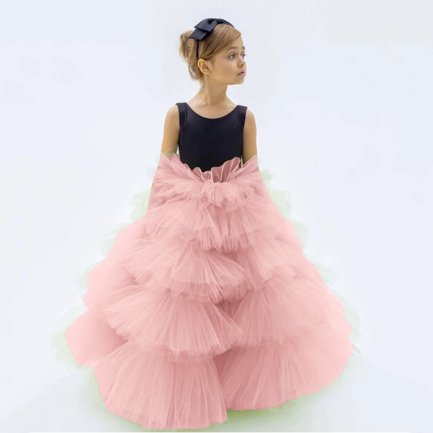 Bow-Knot Multilayer Puffy Tulle Flower Girl Dress for Wedding Open Back Tiered Skirt Satin and Tulle Long Girls Pageant Dresses