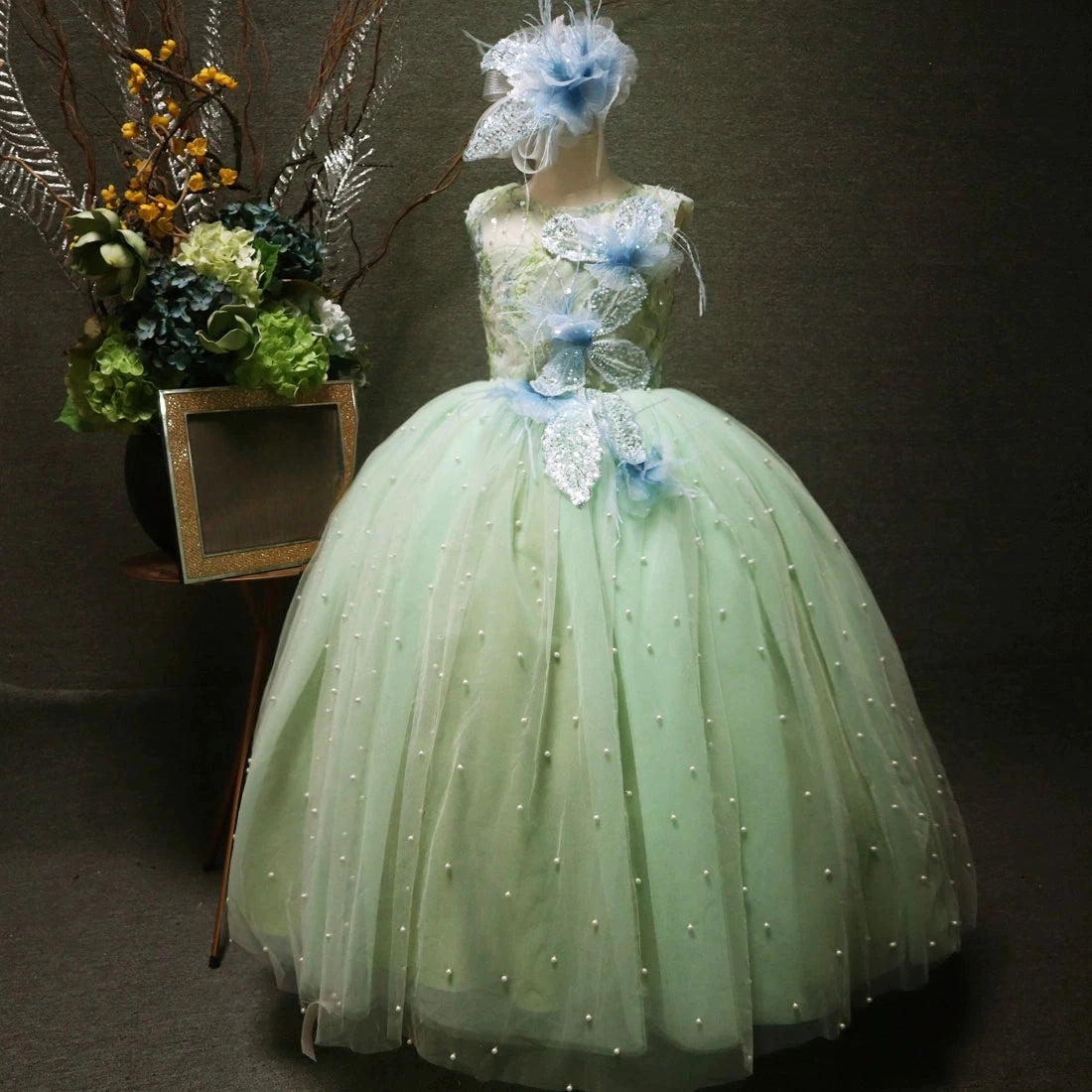 Feather Pearls Flower Girl Dress for Wedding Satin Tulle Kids Bridesmaid Dresses Princess Birthday Party Prom Gown with Bow-Knot