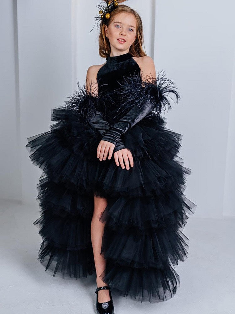 Black High - Low Tulle Girls Princess Shaggy Dress Halter Neck Elegant Party Gown for Kids for Stylish Formal Outfit with Tiered Skirt