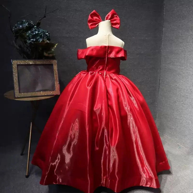 Four-Color Satin One-Shoulder Round-Neck Long Flower Girl Dress Christmas Party Dress