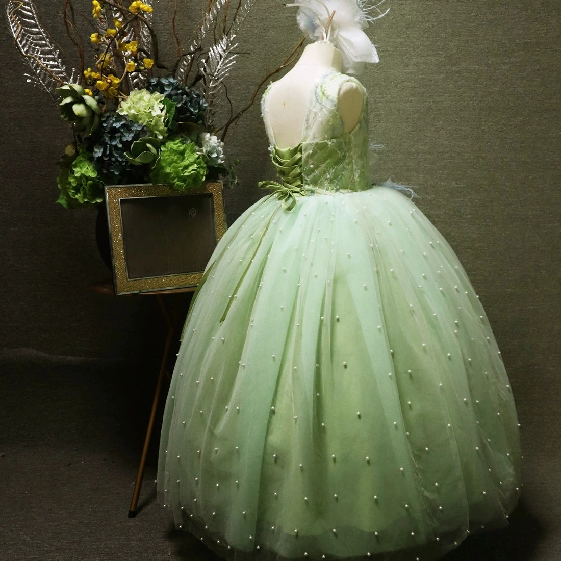 Feather Pearls Flower Girl Dress for Wedding Satin Tulle Kids Bridesmaid Dresses Princess Birthday Party Prom Gown with Bow-Knot