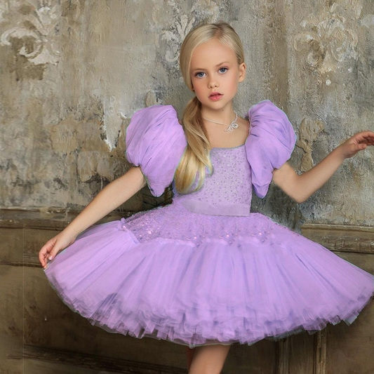 Sparkly Sequin Puffy Flower Girl Dresses Short Girls Pageant Prom Puff Sleeve Princess Bow Knot Birthday Party Dress