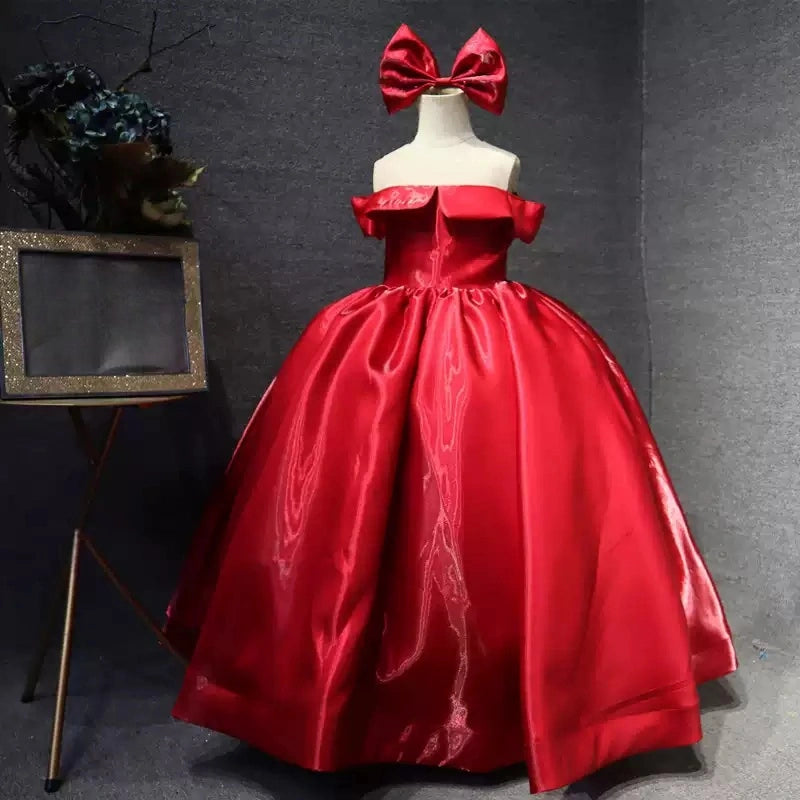 Four-Color Satin One-Shoulder Round-Neck Long Flower Girl Dress Christmas Party Dress