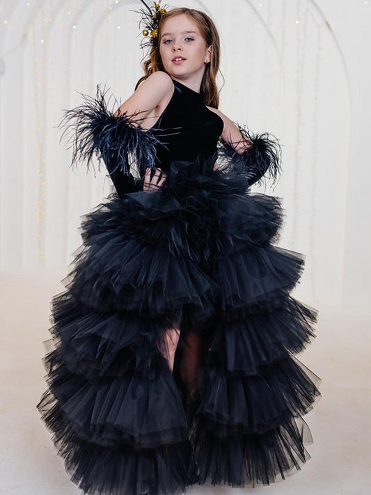 Black High - Low Tulle Girls Princess Shaggy Dress Halter Neck Elegant Party Gown for Kids for Stylish Formal Outfit with Tiered Skirt