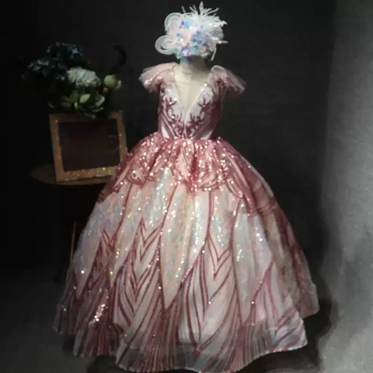 Sequin V-Neck Flower Girl Dress for Wedding Organza Birthday Party Dress Ball Gown