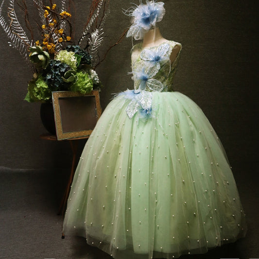Feather Pearls Flower Girl Dress for Wedding Satin Tulle Kids Bridesmaid Dresses Princess Birthday Party Prom Gown with Bow-Knot