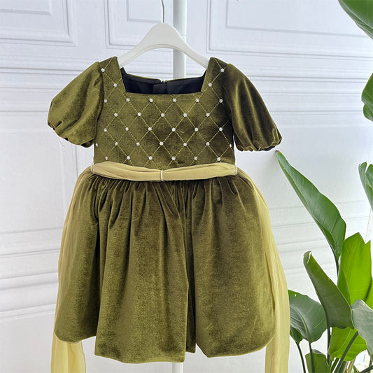 Girls Velvet Dress Ruffled Puff Sleeve Casual Spring Fall Dress Princess Christmas Party Dress Winter Outfits