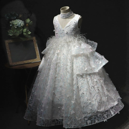 Sequin Organza Ruffles Quinceanera First Communion Dress  Feather Applique Pageant Dress Teenage Flower Girl Dress for Wedding