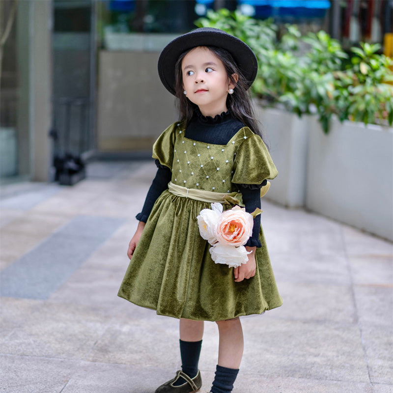 Girls Velvet Dress Ruffled Puff Sleeve Casual Spring Fall Dress Princess Christmas Party Dress Winter Outfits