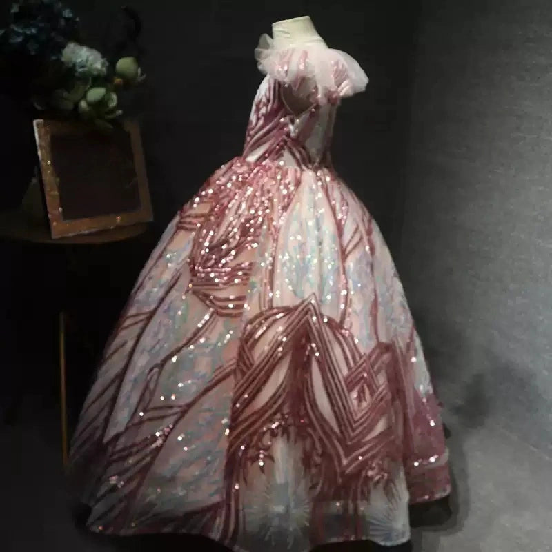 Sequin V-Neck Flower Girl Dress for Wedding Organza Birthday Party Dress Ball Gown