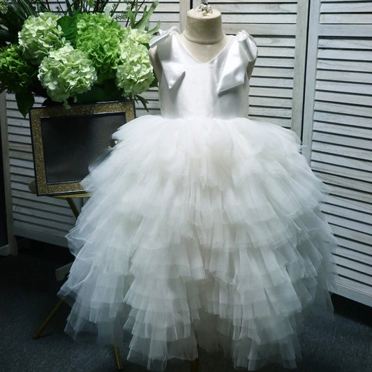 Tulle Flower Girls Dress Sleeveless Puffy Tulle Princess Pageant Dresses First Communion Gown with Bow