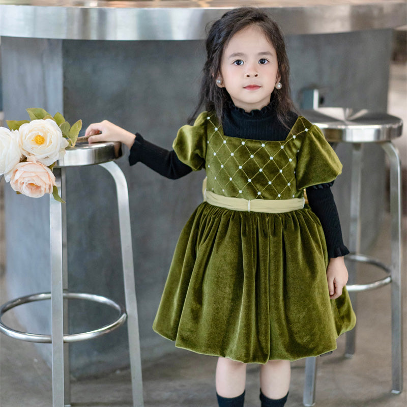 Girls Velvet Dress Ruffled Puff Sleeve Casual Spring Fall Dress Princess Christmas Party Dress Winter Outfits