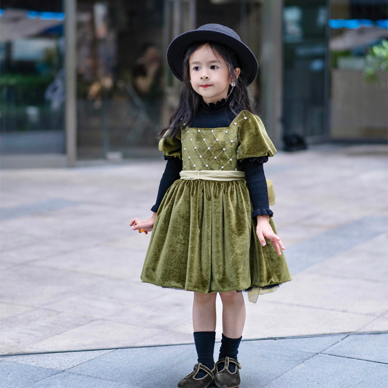 Girls Velvet Dress Ruffled Puff Sleeve Casual Spring Fall Dress Princess Christmas Party Dress Winter Outfits