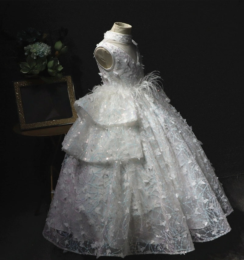 Sequin Organza Ruffles Quinceanera First Communion Dress  Feather Applique Pageant Dress Teenage Flower Girl Dress for Wedding