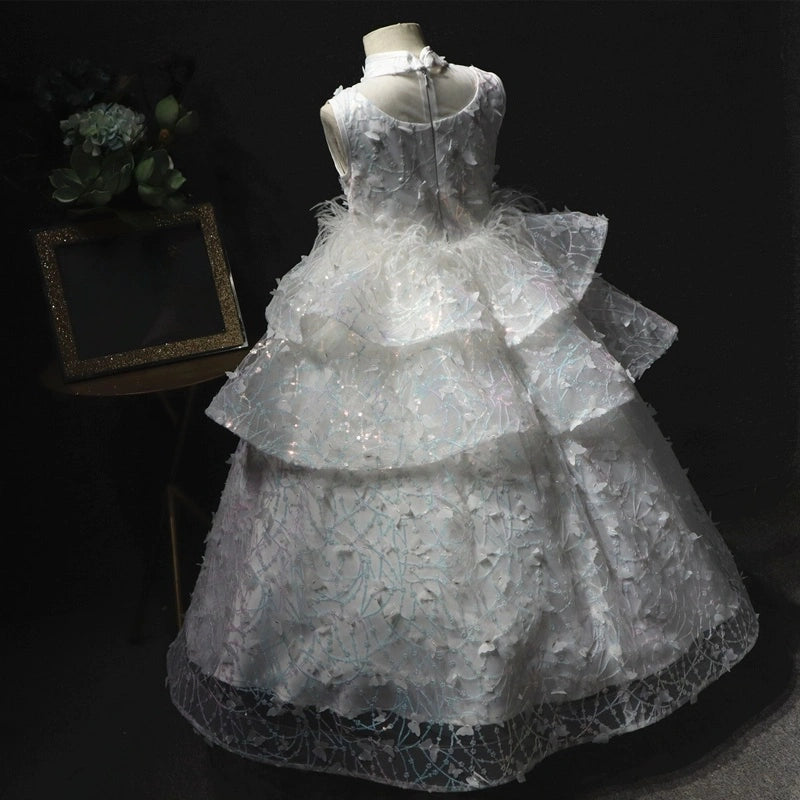 Sequin Organza Ruffles Quinceanera First Communion Dress  Feather Applique Pageant Dress Teenage Flower Girl Dress for Wedding