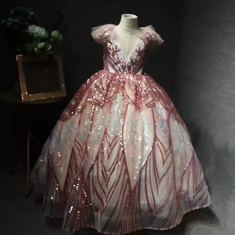 Sequin V-Neck Flower Girl Dress for Wedding Organza Birthday Party Dress Ball Gown