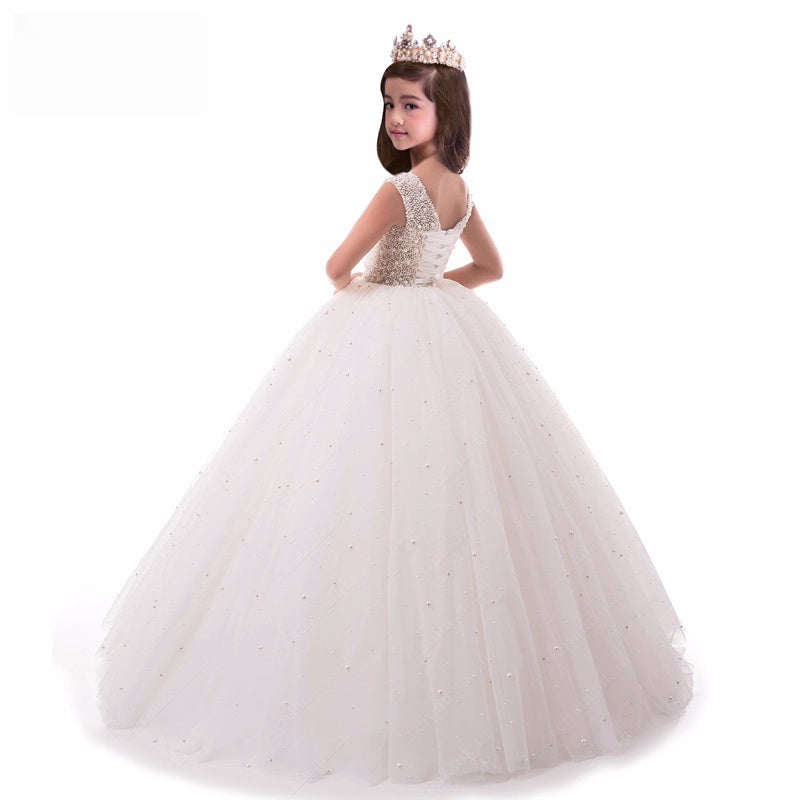 Girls ' Pearls Tulle Sleeveless Stunning First Communion Dress Round Neck Flower Girl Dress for Wedding Princess Prom Party Dresses Formal Gowns