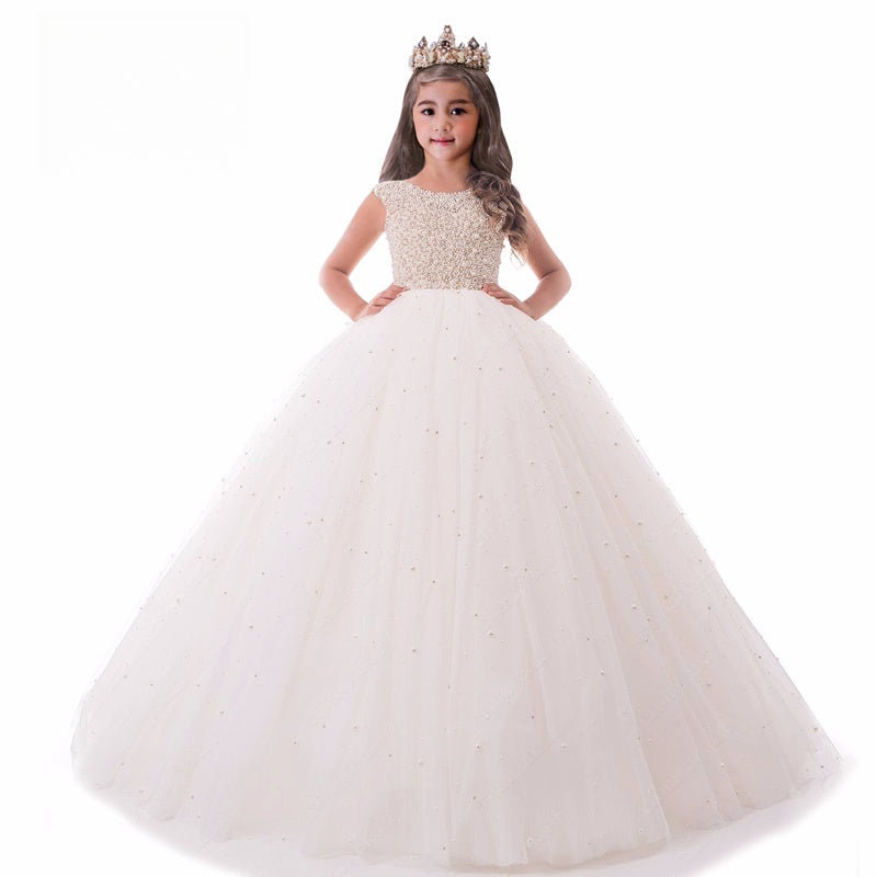 Girls ' Pearls Tulle Sleeveless Stunning First Communion Dress Round Neck Flower Girl Dress for Wedding Princess Prom Party Dresses Formal Gowns