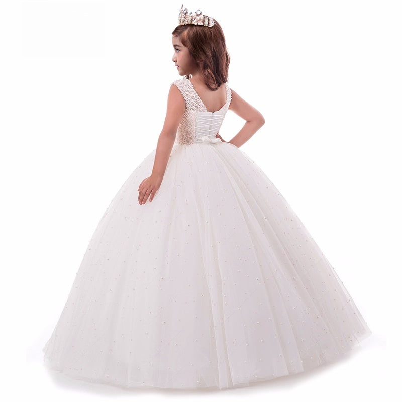 Girls ' Pearls Tulle Sleeveless Stunning First Communion Dress Round Neck Flower Girl Dress for Wedding Princess Prom Party Dresses Formal Gowns